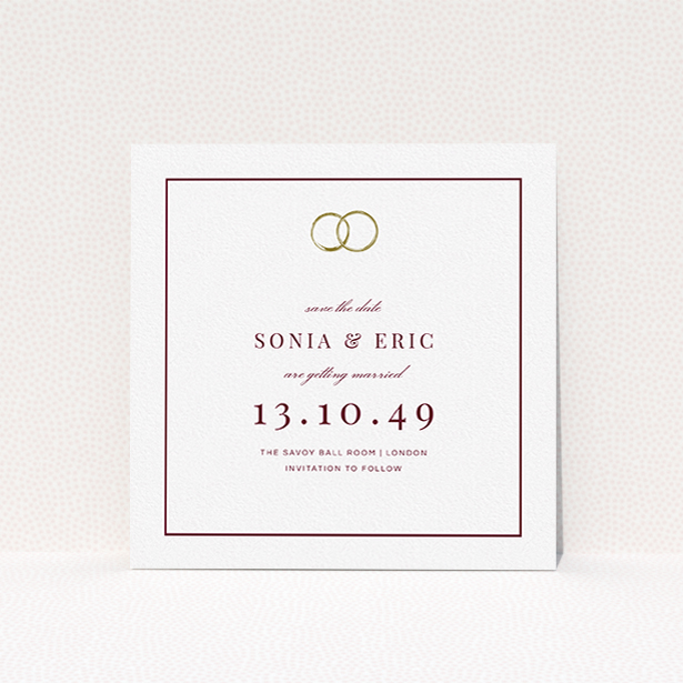 A wedding save the date design called "Wedding bands". It is a square (148mm x 148mm) save the date in a square orientation. "Wedding bands" is available as a flat save the date, with tones of white and gold.