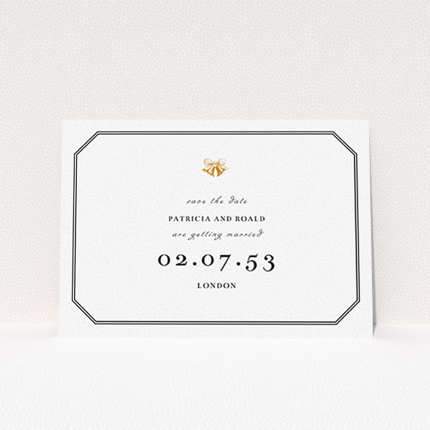 A wedding save the date template titled "Wedding bells". It is an A6 save the date in a landscape orientation. "Wedding bells" is available as a flat save the date, with tones of black and white.