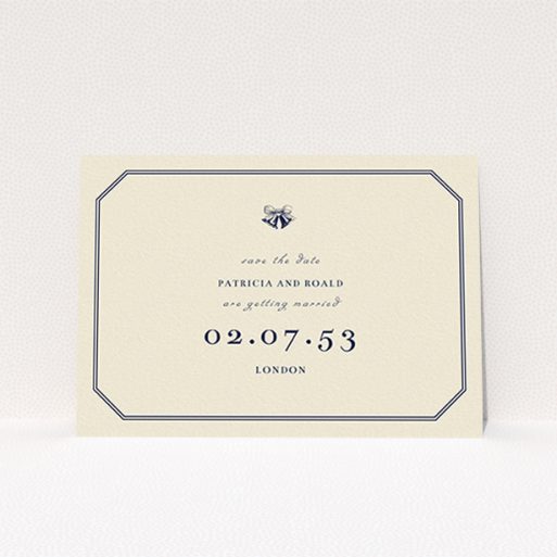Wedding Save The Date Card - Wedding Bells (Cream) A wedding save the date design titled "Wedding bells". It is an A6 save the date in a landscape orientation. "Wedding bells" is available as a flat save the date, with tones of cream and navy blue.