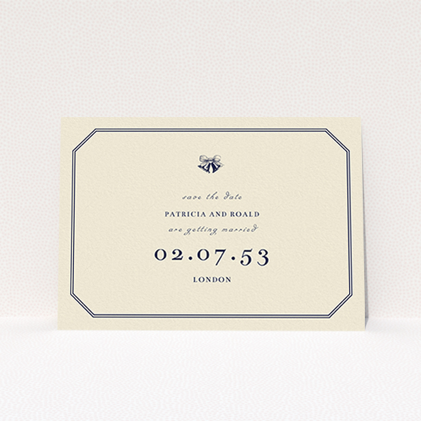 A wedding save the date design titled "Wedding bells". It is an A6 save the date in a landscape orientation. "Wedding bells" is available as a flat save the date, with tones of cream and navy blue.