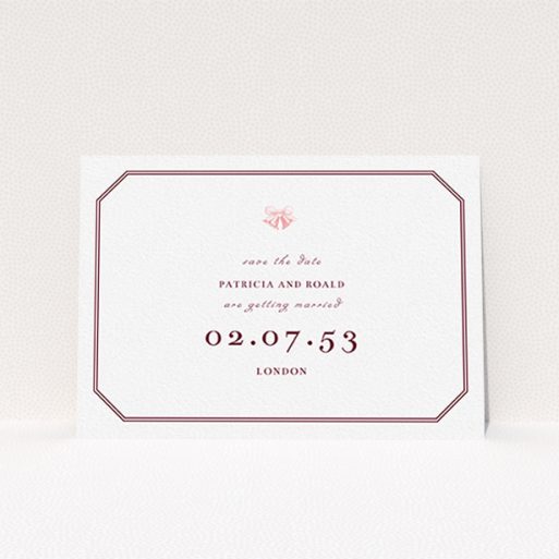 Wedding Save The Date Card - Wedding Bells (Maroon) A wedding save the date design titled "Wedding bells". It is an A6 save the date in a landscape orientation. "Wedding bells" is available as a flat save the date, with tones of white, burgundy and pink.