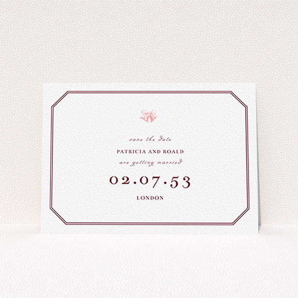 A wedding save the date design titled "Wedding bells". It is an A6 save the date in a landscape orientation. "Wedding bells" is available as a flat save the date, with tones of white, burgundy and pink.