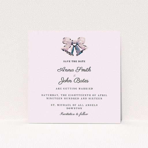 Wedding Save The Date Design - "Wedding bells" A wedding save the date design named "Wedding bells". It is a square (148mm x 148mm) save the date in a square orientation. "Wedding bells" is available as a flat save the date, with mainly white colouring.
