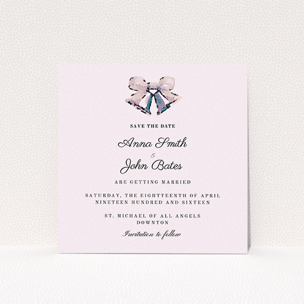 A wedding save the date design named "Wedding bells". It is a square (148mm x 148mm) save the date in a square orientation. "Wedding bells" is available as a flat save the date, with mainly white colouring.