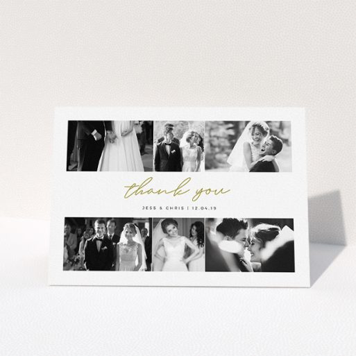 Wedding Thank You Card Design - "3-on-3" A wedding thank you card template titled "3-on-3". It is an A5 card in a landscape orientation. It is a photographic wedding thank you card with room for 3 photos. "3-on-3" is available as a folded card, with tones of gold and white.