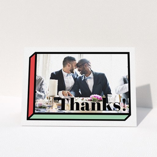 Wedding Thank You Card Design - "3D Thank You" A wedding thank you card called "3D Thank You". It is an A6 card in a landscape orientation. It is a photographic wedding thank you card with room for 1 photo. "3D Thank You" is available as a folded card, with tones of red, green and black.