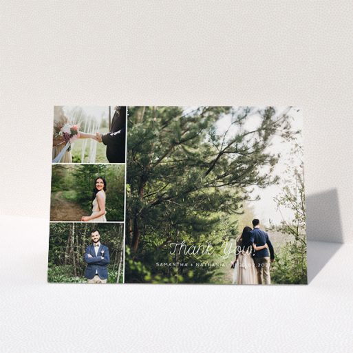 Wedding Thank You Card Design - "4 Photo Arrangement" A wedding thank you card design titled "4 Photo Arrangement". It is an A5 card in a landscape orientation. It is a photographic wedding thank you card with room for 4 photos. "4 Photo Arrangement" is available as a folded card, with mainly white colouring.