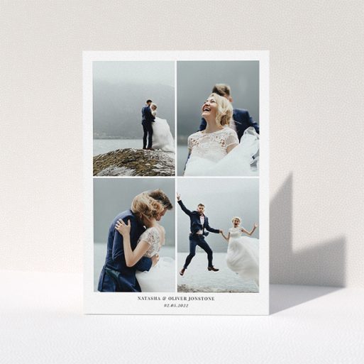 Wedding Thank You Card Design - "4 Photo Frame" A wedding thank you card template titled "4 Photo Frame". It is an A5 card in a portrait orientation. It is a photographic wedding thank you card with room for 4 photos. "4 Photo Frame" is available as a folded card, with mainly white colouring.