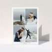 A wedding thank you card template titled "4 Photo Frame". It is an A5 card in a portrait orientation. It is a photographic wedding thank you card with room for 4 photos. "4 Photo Frame" is available as a folded card, with mainly white colouring.