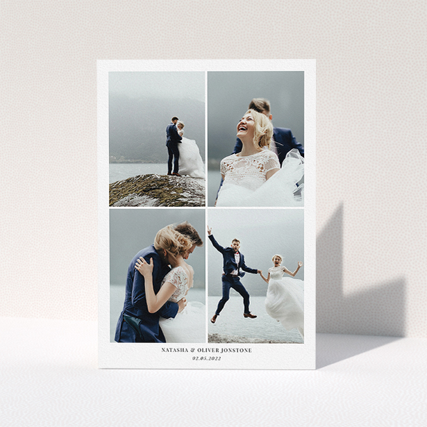 A wedding thank you card template titled "4 Photo Frame". It is an A5 card in a portrait orientation. It is a photographic wedding thank you card with room for 4 photos. "4 Photo Frame" is available as a folded card, with mainly white colouring.