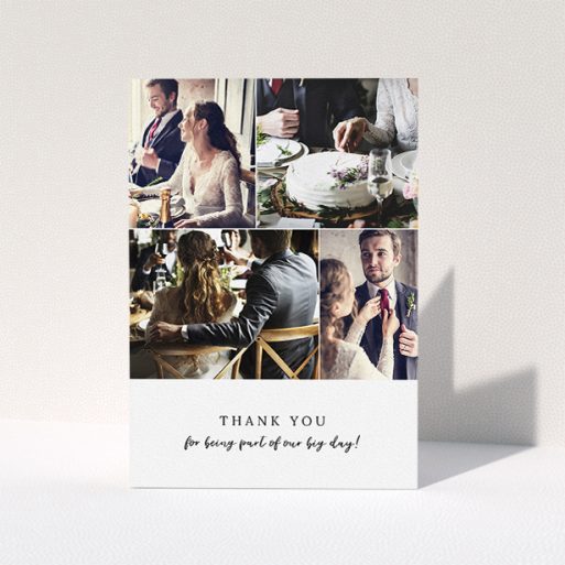 Wedding Thank You Card Design - "4 Photo Strip" A wedding thank you card named "4 Photo Strip". It is an A5 card in a portrait orientation. It is a photographic wedding thank you card with room for 4 photos. "4 Photo Strip" is available as a folded card, with mainly white colouring.