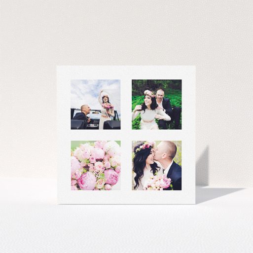 Wedding Thank You Card Design - "4 Quadrants " A wedding thank you card design named "4 Quadrants ". It is a square (148mm x 148mm) card in a square orientation. It is a photographic wedding thank you card with room for 3 photos. "4 Quadrants " is available as a folded card, with mainly white colouring.