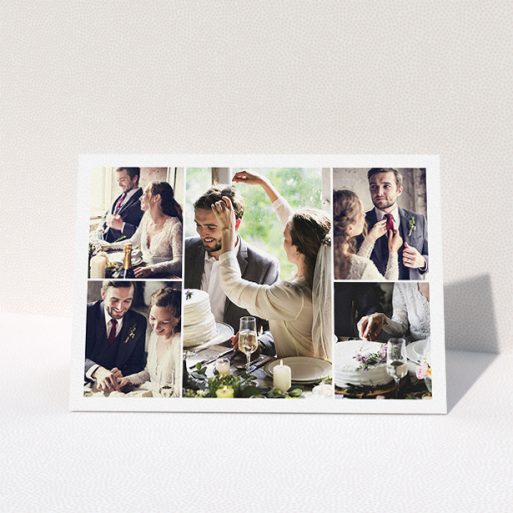 Wedding Thank You Card Design - "5 Photo Arrangement" A wedding thank you card template titled "5 Photo Arrangement". It is an A5 card in a landscape orientation. It is a photographic wedding thank you card with room for 5 photos. "5 Photo Arrangement" is available as a folded card, with mainly white colouring.