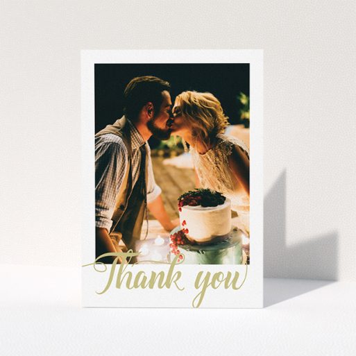 Wedding Thank You Card Design - "A big thank you" A wedding thank you card design called "A big thank you". It is an A5 card in a portrait orientation. It is a photographic wedding thank you card with room for 1 photo. "A big thank you" is available as a folded card, with tones of white and gold.