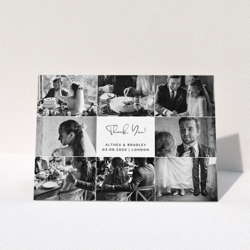 Wedding Thank You Card Design - "A Photo Photo Frame" A wedding thank you card template titled "A Photo Photo Frame". It is an A5 card in a landscape orientation. It is a photographic wedding thank you card with room for 8 photos. "A Photo Photo Frame" is available as a folded card, with mainly white colouring.