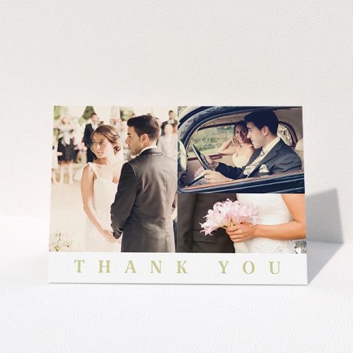 Wedding Thank You Card Design - "A world without walls" A wedding thank you card template titled "A world without walls". It is an A5 card in a landscape orientation. It is a photographic wedding thank you card with room for 3 photos. "A world without walls" is available as a folded card, with tones of white and gold.