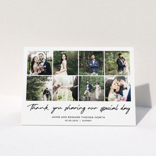 Wedding Thank You Card Design - "All the Wedding Photos" A wedding thank you card design titled "All the Wedding Photos". It is an A5 card in a landscape orientation. It is a photographic wedding thank you card with room for 8 photos. "All the Wedding Photos" is available as a folded card, with mainly white colouring.