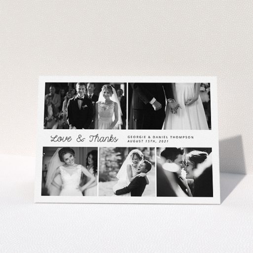 Wedding Thank You Card Design - "An Uneven 5 Photos" A wedding thank you card design named "An Uneven 5 Photos". It is an A5 card in a landscape orientation. It is a photographic wedding thank you card with room for 5 photos. "An Uneven 5 Photos" is available as a folded card, with mainly white colouring.