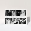 A wedding thank you card design named "An Uneven 5 Photos". It is an A5 card in a landscape orientation. It is a photographic wedding thank you card with room for 5 photos. "An Uneven 5 Photos" is available as a folded card, with mainly white colouring.