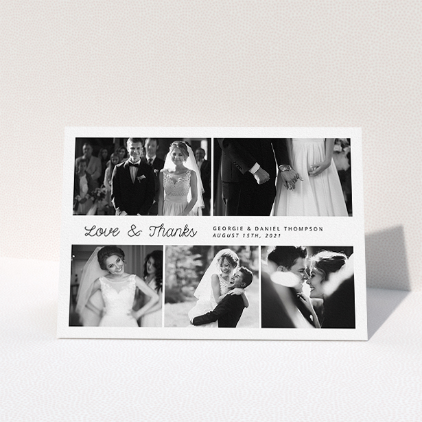 A wedding thank you card design named "An Uneven 5 Photos". It is an A5 card in a landscape orientation. It is a photographic wedding thank you card with room for 5 photos. "An Uneven 5 Photos" is available as a folded card, with mainly white colouring.