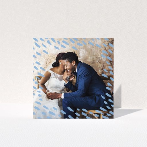 Wedding Thank You Card Design - "Blue smudge" A wedding thank you card template titled "Blue smudge". It is a square (148mm x 148mm) card in a square orientation. It is a photographic wedding thank you card with room for 1 photo. "Blue smudge" is available as a folded card, with mainly blue colouring.