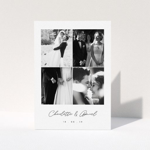 Wedding Thank You Card Design - "Box Chic" A wedding thank you card named "Box Chic". It is an A5 card in a portrait orientation. It is a photographic wedding thank you card with room for 3 photos. "Box Chic" is available as a folded card, with tones of black and white.