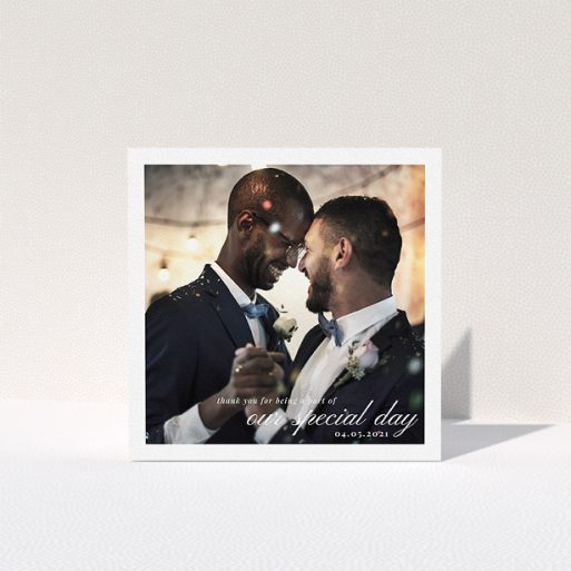 Wedding Thank You Card Design - "Central Park Photo" A wedding thank you card template titled "Central Park Photo". It is a square (148mm x 148mm) card in a square orientation. It is a photographic wedding thank you card with room for 1 photo. "Central Park Photo" is available as a folded card, with mainly white colouring.