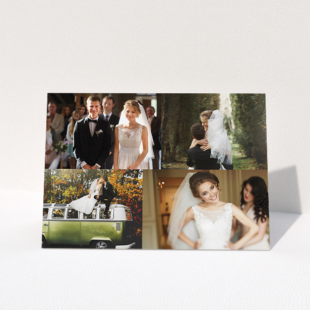 A wedding thank you card design named "Cheek by jowl". It is an A5 card in a landscape orientation. It is a photographic wedding thank you card with room for 3 photos. "Cheek by jowl" is available as a folded card, with tones of black and white.