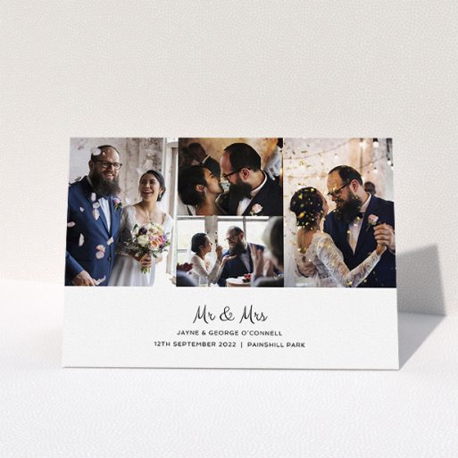 Wedding Thank You Card Design - "Cheek by Jowl" A wedding thank you card design named "Cheek by Jowl". It is an A5 card in a landscape orientation. It is a photographic wedding thank you card with room for 4 photos. "Cheek by Jowl" is available as a folded card, with mainly white colouring.