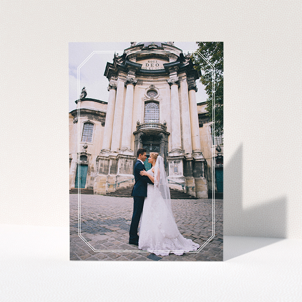 A wedding thank you card design called "Chiselled border". It is an A5 card in a portrait orientation. It is a photographic wedding thank you card with room for 1 photo. "Chiselled border" is available as a folded card, with mainly white colouring.