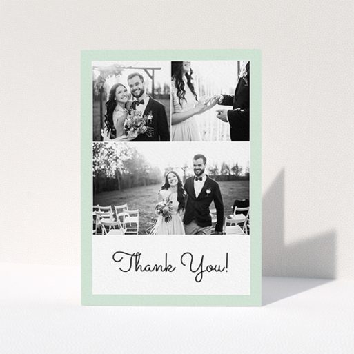 Wedding Thank You Card Design - "Duck Shell Green Thanks" A wedding thank you card named "Duck Shell Green Thanks". It is an A6 card in a portrait orientation. It is a photographic wedding thank you card with room for 3 photos. "Duck Shell Green Thanks" is available as a folded card, with tones of green and white.