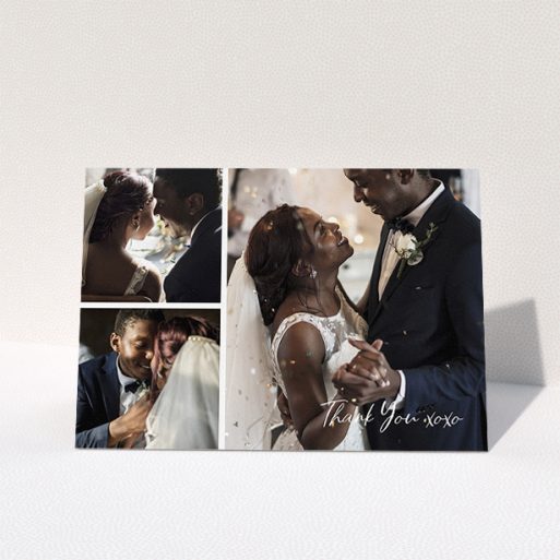 Wedding Thank You Card Design - "In Thirds" A wedding thank you card design named "In Thirds". It is an A5 card in a landscape orientation. It is a photographic wedding thank you card with room for 3 photos. "In Thirds" is available as a folded card, with mainly white colouring.