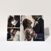 A wedding thank you card design named "In Thirds". It is an A5 card in a landscape orientation. It is a photographic wedding thank you card with room for 3 photos. "In Thirds" is available as a folded card, with mainly white colouring.