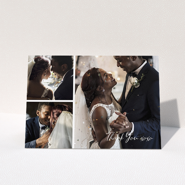 A wedding thank you card design named "In Thirds". It is an A5 card in a landscape orientation. It is a photographic wedding thank you card with room for 3 photos. "In Thirds" is available as a folded card, with mainly white colouring.
