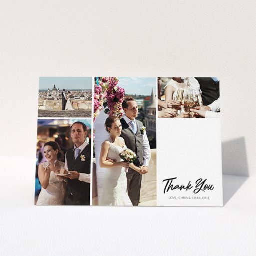 Wedding Thank You Card Design - "It just works" A wedding thank you card called "It just works". It is an A5 card in a landscape orientation. It is a photographic wedding thank you card with room for 3 photos. "It just works" is available as a folded card, with tones of black and white.