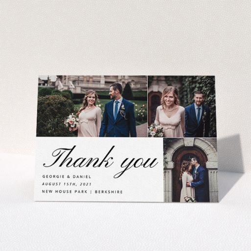 Wedding Thank You Card Design - "Italic Photo Thanks" A wedding thank you card design called "Italic Photo Thanks". It is an A5 card in a landscape orientation. It is a photographic wedding thank you card with room for 3 photos. "Italic Photo Thanks" is available as a folded card, with mainly white colouring.