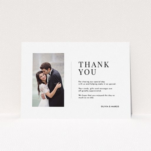 Wedding Thank You Card Design - "Just a little thank you" A wedding thank you card design titled "Just a little thank you". It is an A5 card in a landscape orientation. It is a photographic wedding thank you card with room for 1 photo. "Just a little thank you" is available as a flat card, with mainly white colouring.