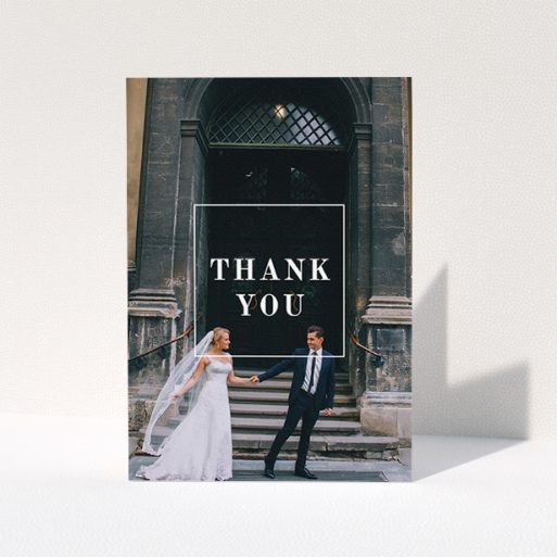 Wedding Thank You Card Design - "Just the outline" A wedding thank you card template titled "Just the outline". It is an A5 card in a portrait orientation. It is a photographic wedding thank you card with room for 1 photo. "Just the outline" is available as a folded card, with mainly white colouring.