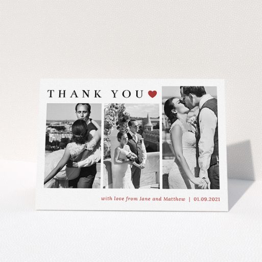 Wedding Thank You Card Design - "Landscape Photo Thank You" A wedding thank you card design called "Landscape Photo Thank You". It is an A5 card in a landscape orientation. It is a photographic wedding thank you card with room for 3 photos. "Landscape Photo Thank You" is available as a folded card, with tones of white and red.