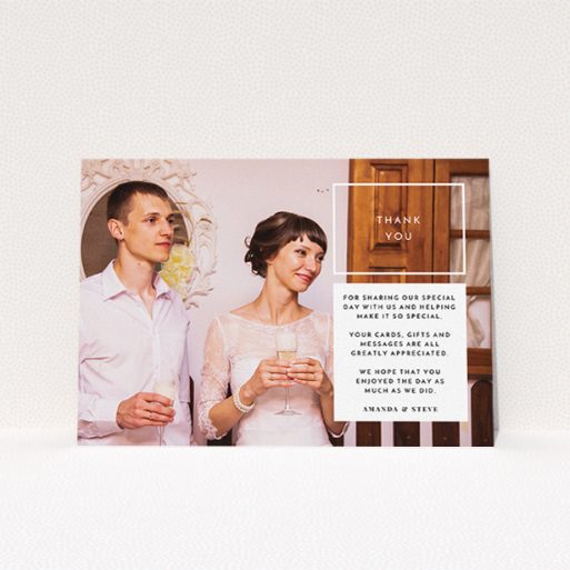 Wedding Thank You Card Design - "Little white box" A wedding thank you card design named "Little white box". It is an A5 card in a landscape orientation. It is a photographic wedding thank you card with room for 1 photo. "Little white box" is available as a flat card, with mainly white colouring.