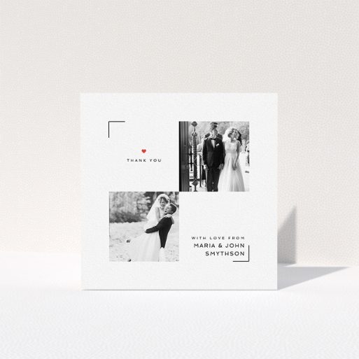 Wedding Thank You Card Design - "Modern Corner Thank You" A wedding thank you card called "Modern Corner Thank You". It is a square (148mm x 148mm) card in a square orientation. It is a photographic wedding thank you card with room for 2 photos. "Modern Corner Thank You" is available as a folded card, with tones of white and red.