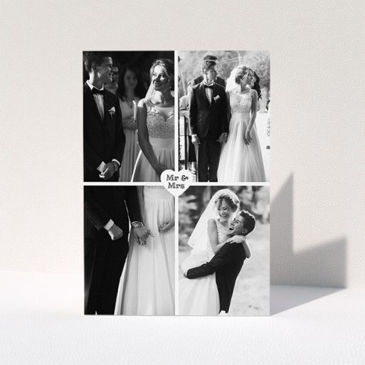 Wedding Thank You Card Design - "Monochrome Heart" A wedding thank you card design titled "Monochrome Heart". It is an A5 card in a portrait orientation. It is a photographic wedding thank you card with room for 4 photos. "Monochrome Heart" is available as a folded card, with mainly white colouring.