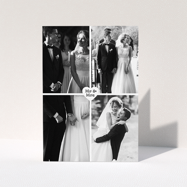 A wedding thank you card design titled "Monochrome Heart". It is an A5 card in a portrait orientation. It is a photographic wedding thank you card with room for 4 photos. "Monochrome Heart" is available as a folded card, with mainly white colouring.