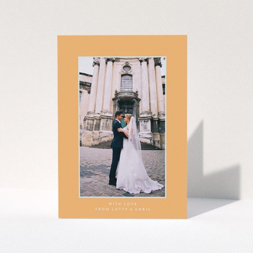 Wedding Thank You Card Design - "Orange and blue" A wedding thank you card design called "Orange and blue". It is an A5 card in a portrait orientation. It is a photographic wedding thank you card with room for 1 photo. "Orange and blue" is available as a folded card, with tones of orange and blue.