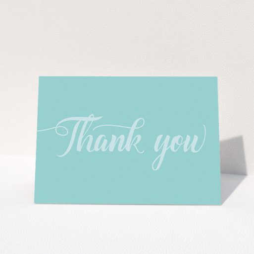 Wedding Thank You Card Design - "Pastel blue calligraphy" A wedding thank you card template titled "Pastel blue calligraphy". It is an A5 card in a landscape orientation. "Pastel blue calligraphy" is available as a folded card, with mainly blue colouring.