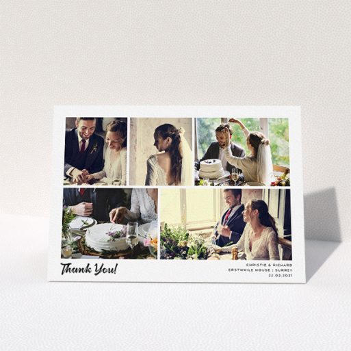Wedding Thank You Card Design - "Photo Album Card" A wedding thank you card called "Photo Album Card". It is an A5 card in a landscape orientation. It is a photographic wedding thank you card with room for 5 photos. "Photo Album Card" is available as a folded card, with mainly white colouring.