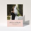 A wedding thank you card template titled "Pink Footer". It is an A5 card in a portrait orientation. It is a photographic wedding thank you card with room for 1 photo. "Pink Footer" is available as a folded card, with mainly pink colouring.