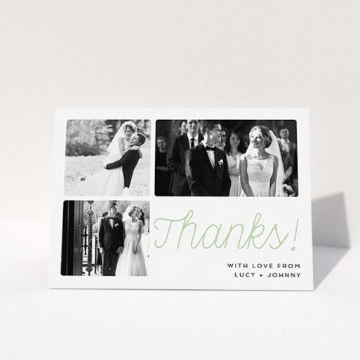 Wedding Thank You Card Design - "Rounded Photo Tryptic" A wedding thank you card template titled "Rounded Photo Tryptic". It is an A6 card in a landscape orientation. It is a photographic wedding thank you card with room for 3 photos. "Rounded Photo Tryptic" is available as a folded card, with tones of white and green.