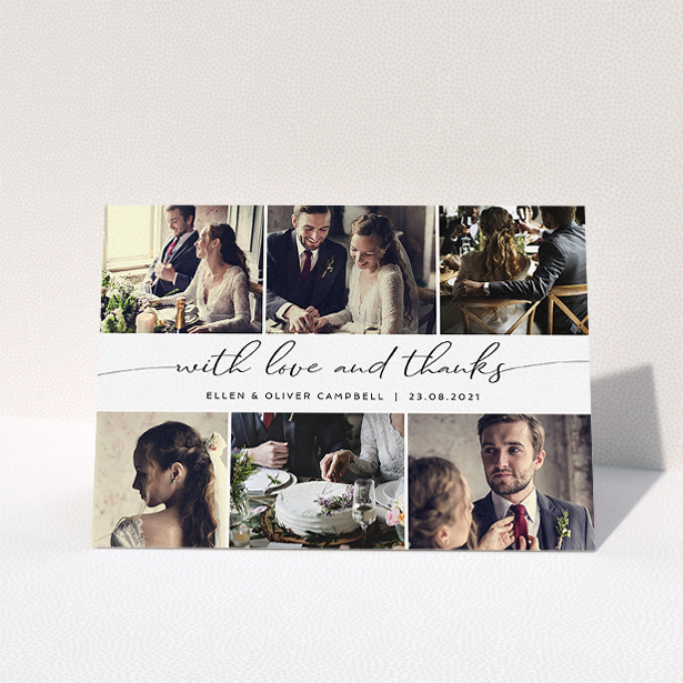 A wedding thank you card design named "Script Phot Centre". It is an A5 card in a landscape orientation. It is a photographic wedding thank you card with room for 6 photos. "Script Phot Centre" is available as a folded card, with mainly white colouring.