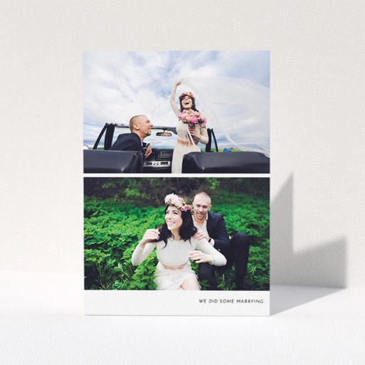 Wedding Thank You Card Design - "Split into two" A wedding thank you card named "Split into two". It is an A5 card in a portrait orientation. It is a photographic wedding thank you card with room for 2 photos. "Split into two" is available as a folded card, with mainly white colouring.